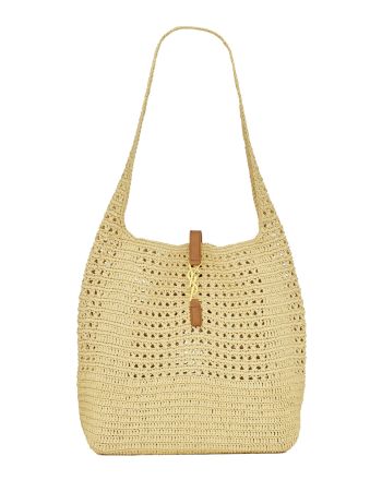 Saint Laurent Hobo Raffia Bag In Crochet And Smooth Leather Apricot